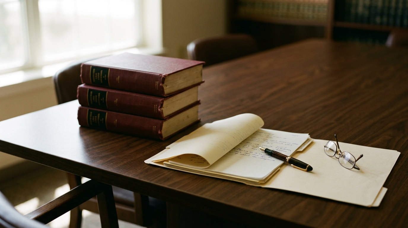 California Code of Civil Procedure volumes and an open legal file folder on a dark conference room table