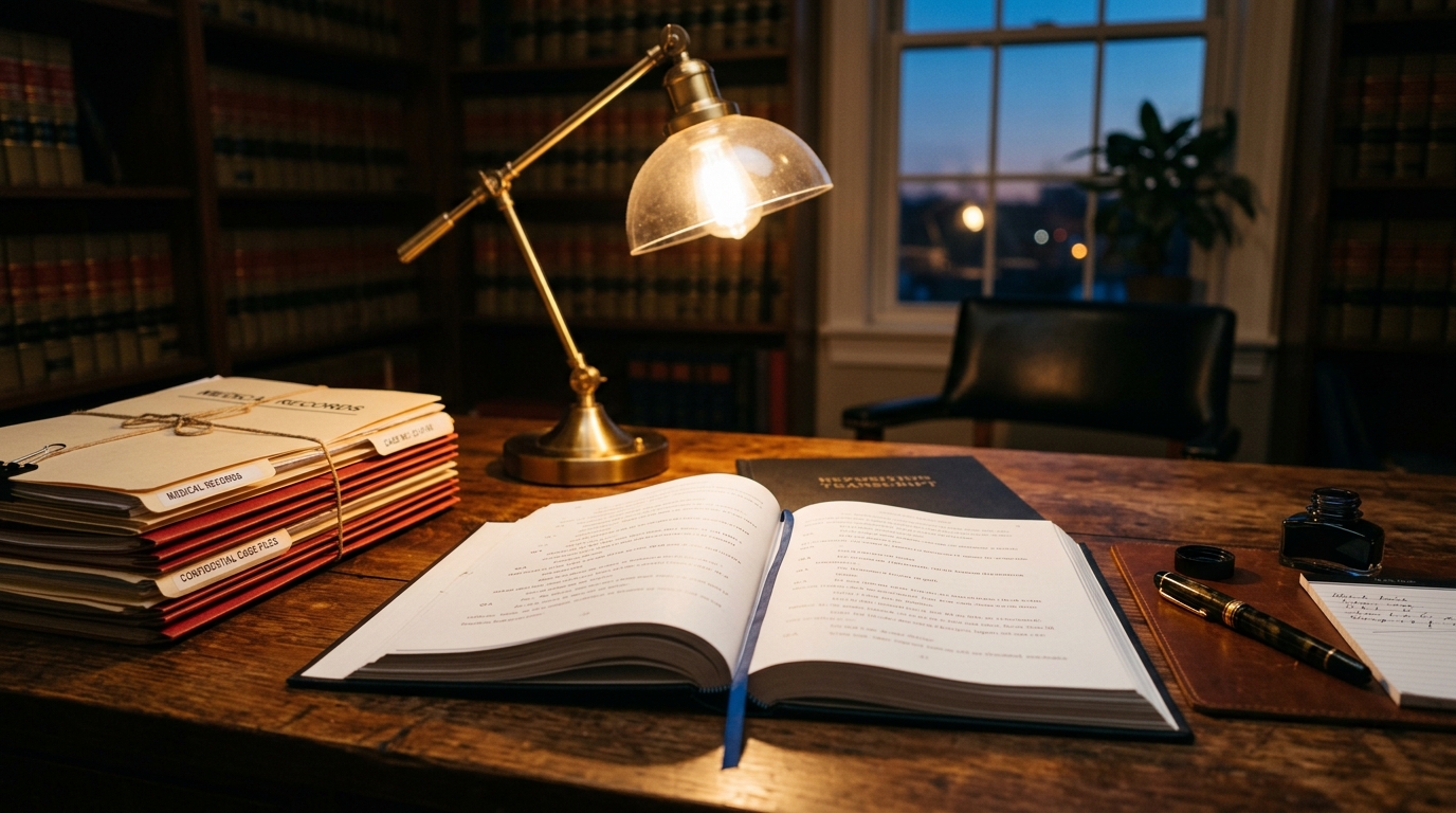 An open deposition transcript and stacked medical records folders on a lawyer's desk under a single warm lamp.