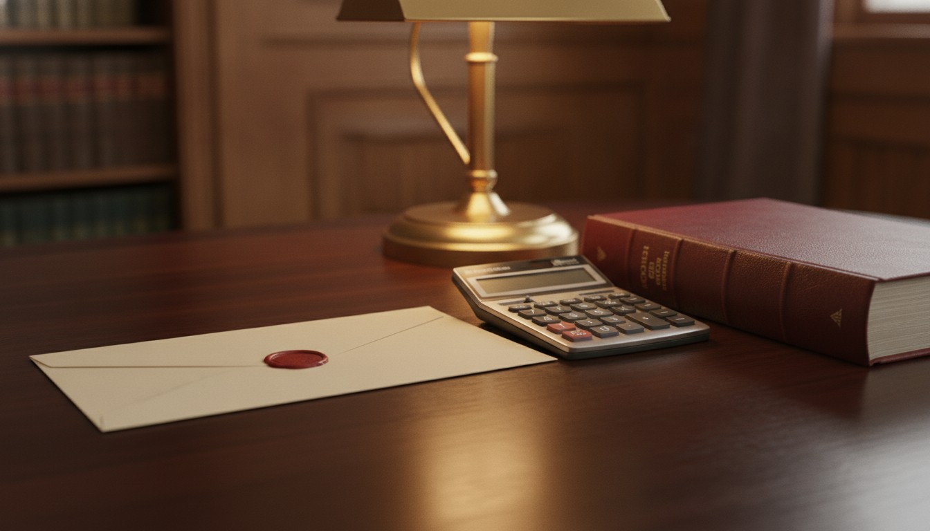 A sealed settlement offer envelope beside a calculator and a bound burgundy code volume on a courtroom table.