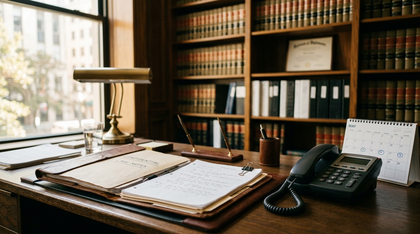 An open personal injury case file beside a desk phone and a marked wall calendar in a quiet law office.