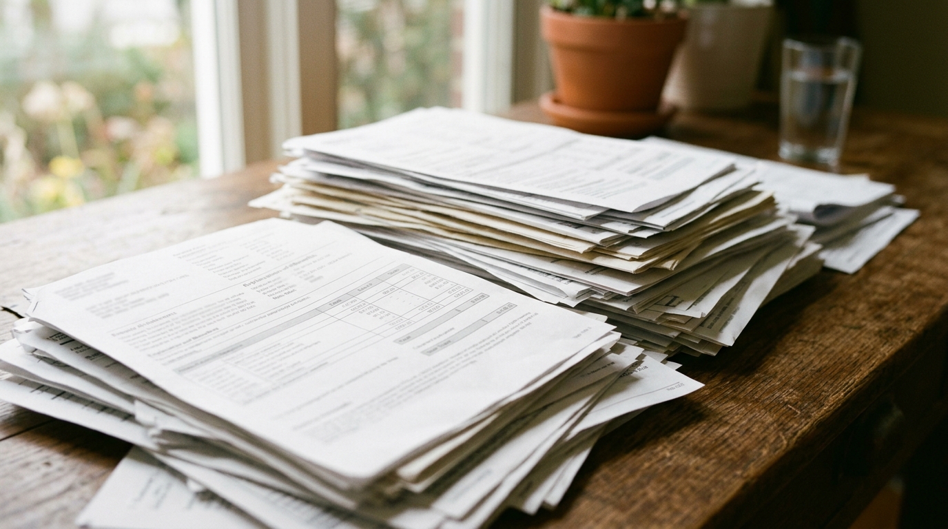 Overlapping medical billing and explanation-of-benefits statements stacked on a desk in soft light.