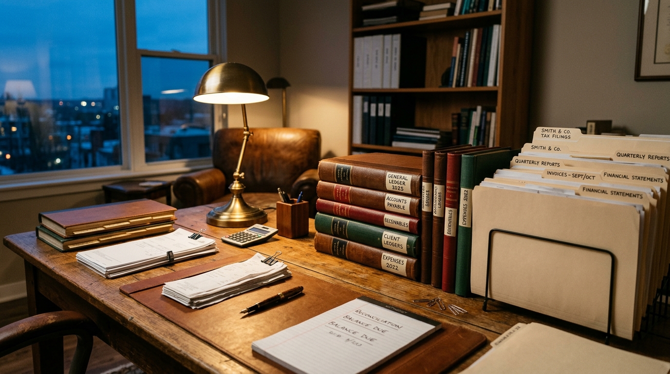 Neatly stacked legal ledgers and itemized invoices on a wooden conference table under warm desk-lamp light.