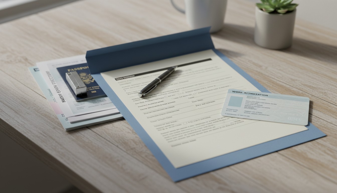 Immigration application packet on a desk beside a printed work authorization card