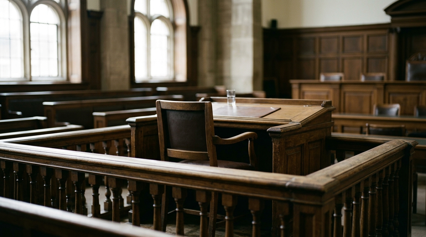 An empty witness stand in a courtroom lit by soft daylight, symbolizing the expert who does or does not get to testify.