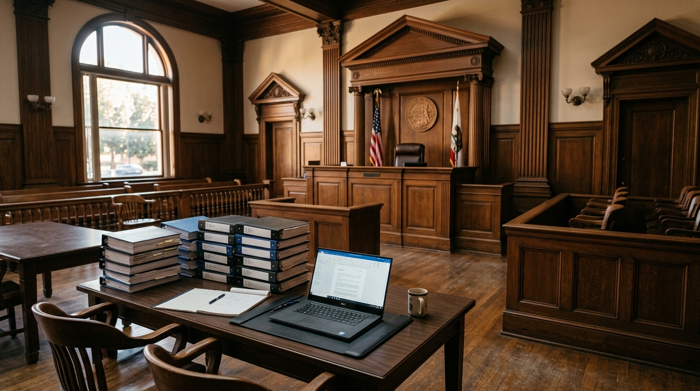 Empty California superior court courtroom with discovery binders stacked on counsel table in afternoon light