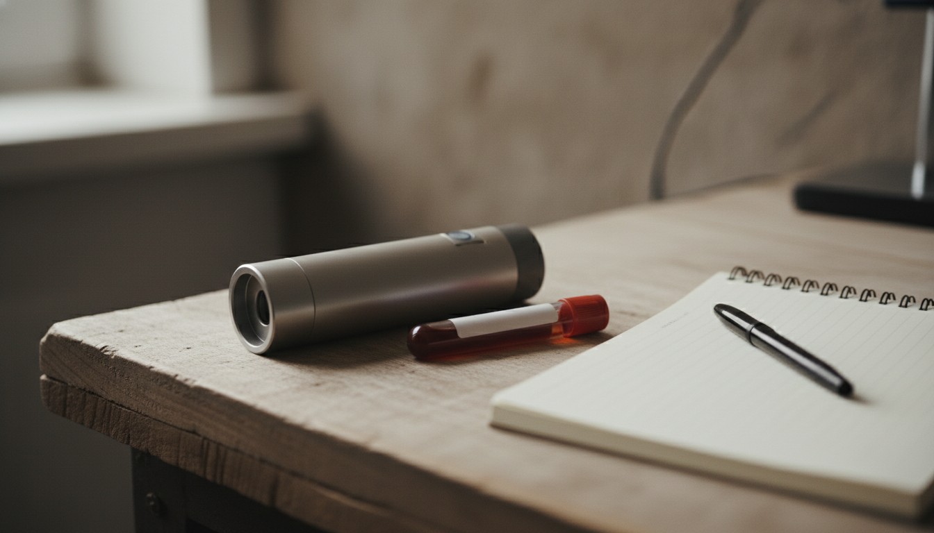 Breath testing instrument on a desk beside a blood vial and a calibration log