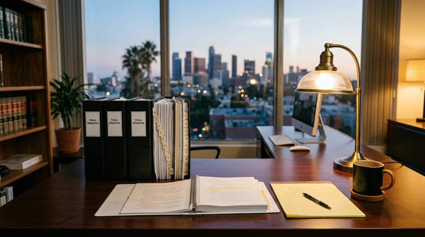 An organized attorney's desk at dusk with tabbed trial binders, a printed deposition transcript, and a legal pad under warm light.
