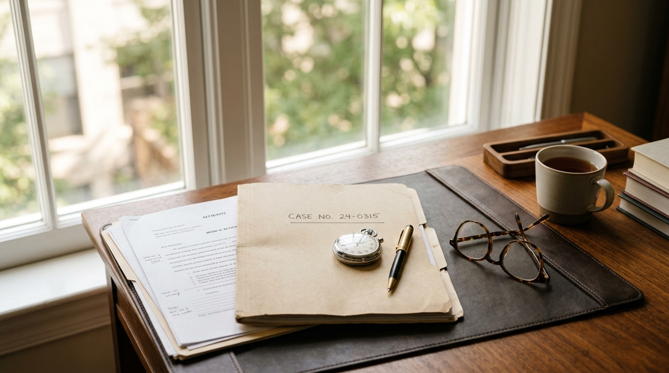 A case file, medical records, and a stopwatch on an attorney's desk in daylight, suggesting the timing of expert retention.