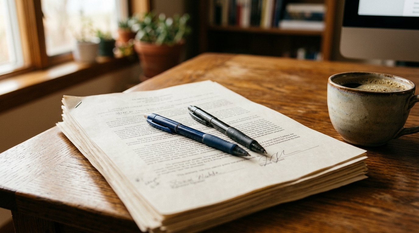 Two pens resting on a stack of stapled legal documents on a wooden desk in warm morning light.