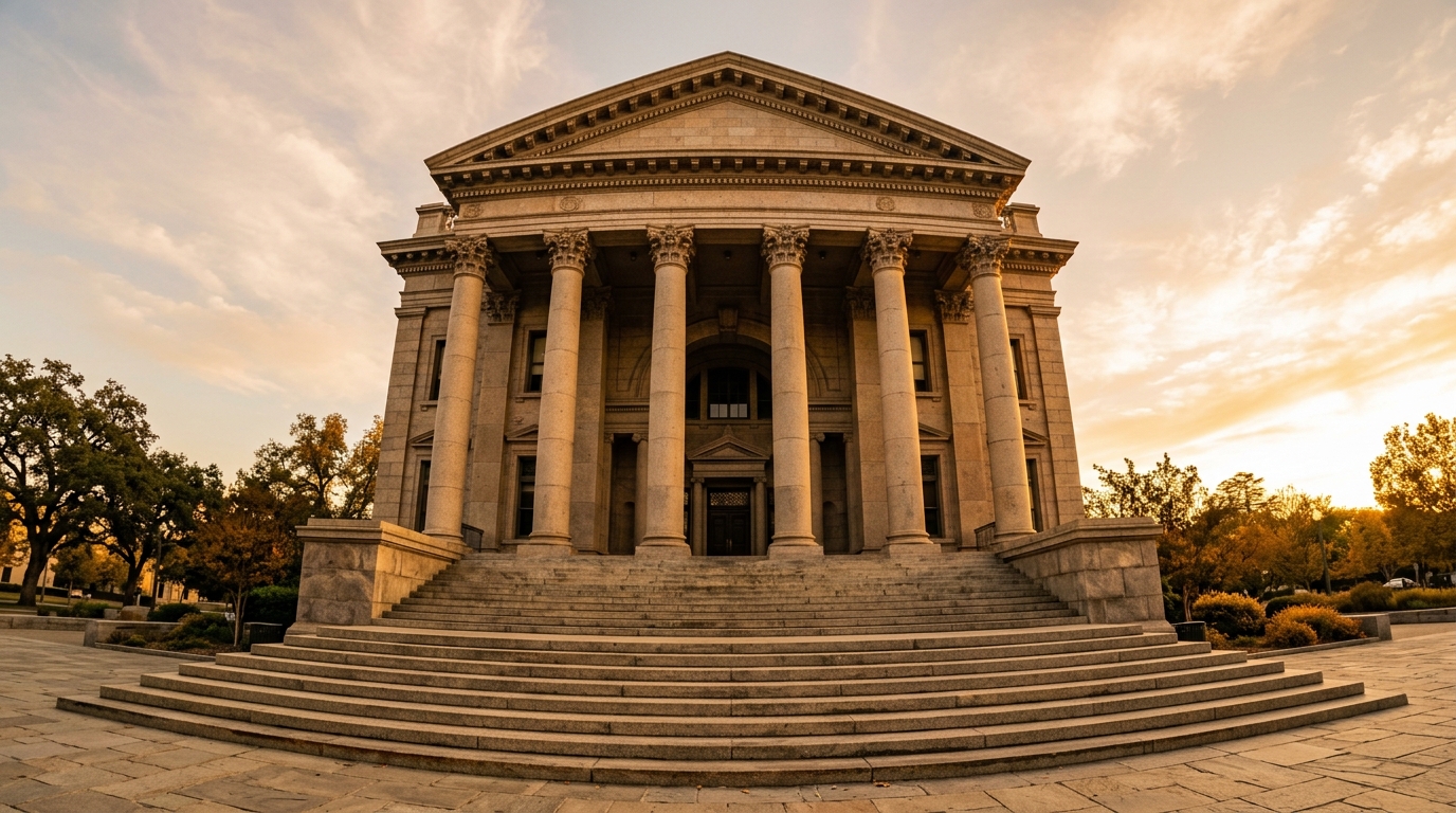 Granite steps and columns of a California county courthouse photographed at golden hour from a low angle.