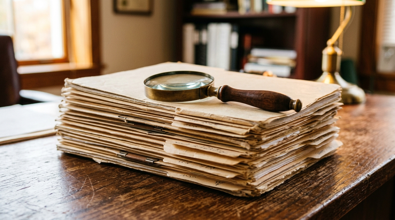 Stacked insurance claim folders on a desk with a magnifying glass, representing layered coverage discovery in a personal injury case.