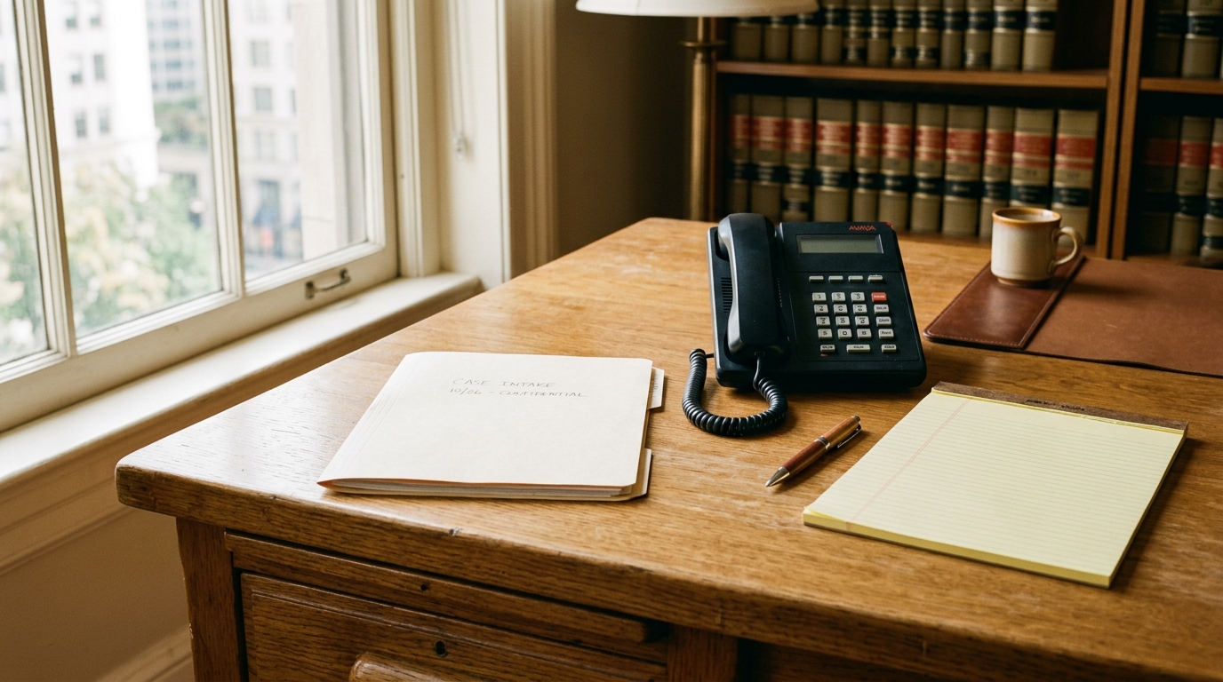 A closed manila intake folder, desk phone, pen, and legal pads on a wooden law office desk lit by side window light.