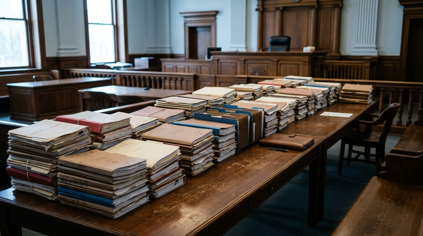 Stacked legal case files spread across a long counsel table in front of an empty courtroom bench, suggesting consolidated litigation.
