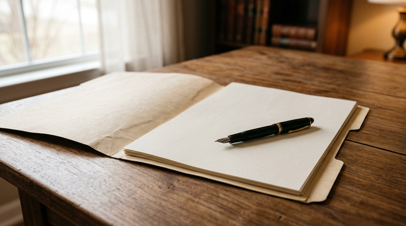 An open manila folder and a fountain pen resting on legal documents on a wooden desk in soft daylight.