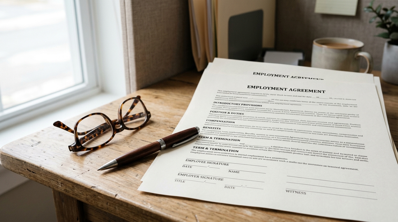 An unsigned printed employment contract resting on a desk next to a pen and reading glasses in soft office light.