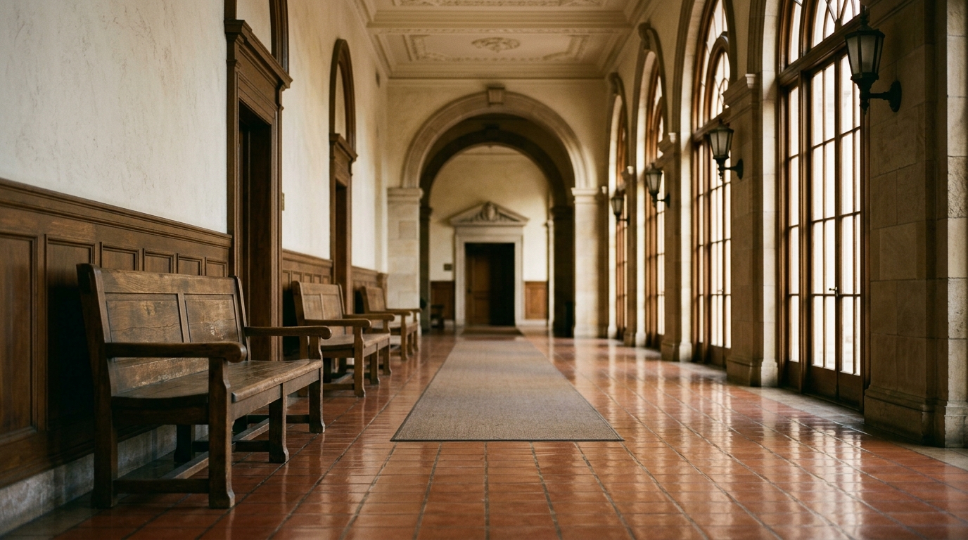 Empty wooden benches lining a quiet California courthouse hallway in afternoon light.