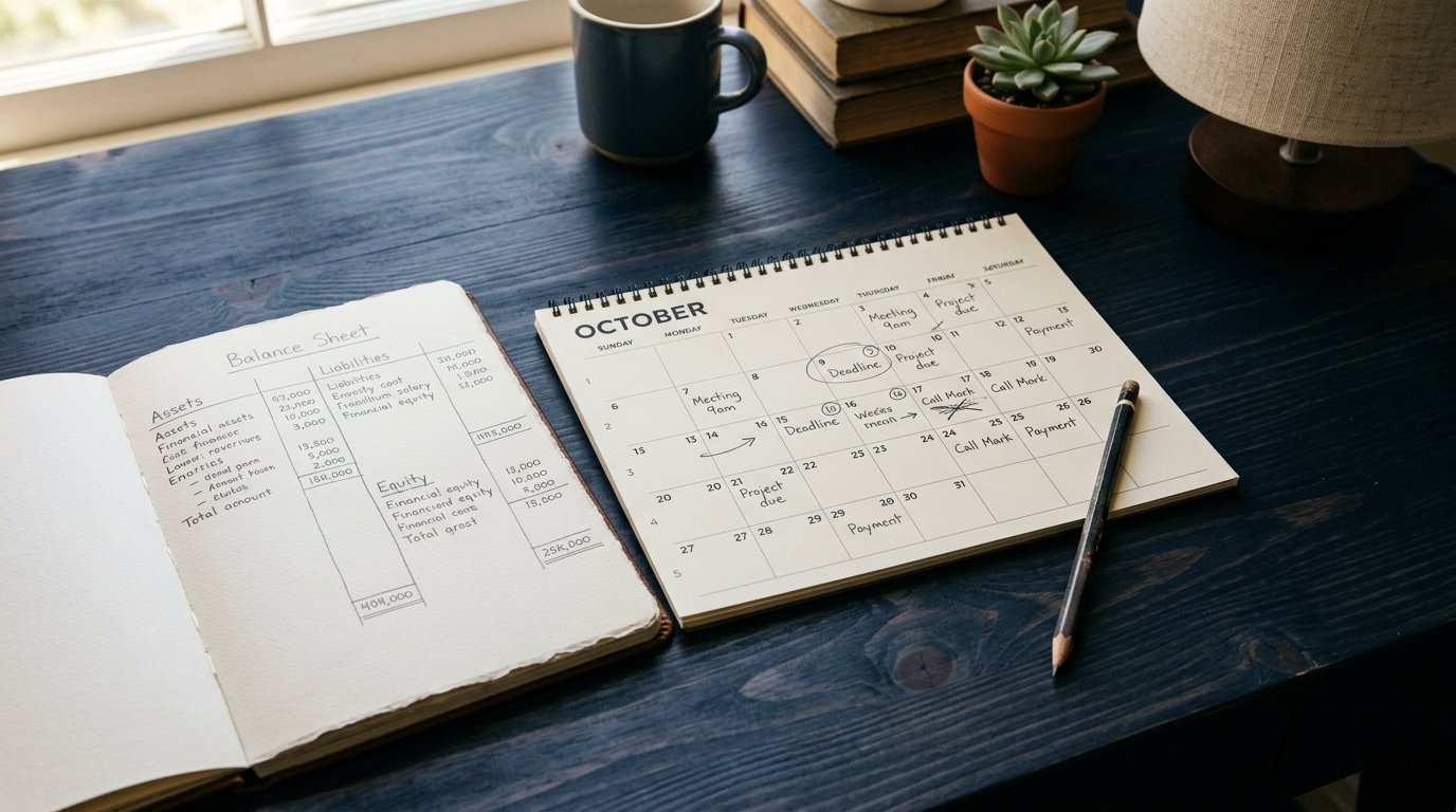 Printed balance sheet and a wall calendar with handwritten case-deadline markings on a wooden office desk, a sharpened pencil resting across them in soft late-afternoon window light