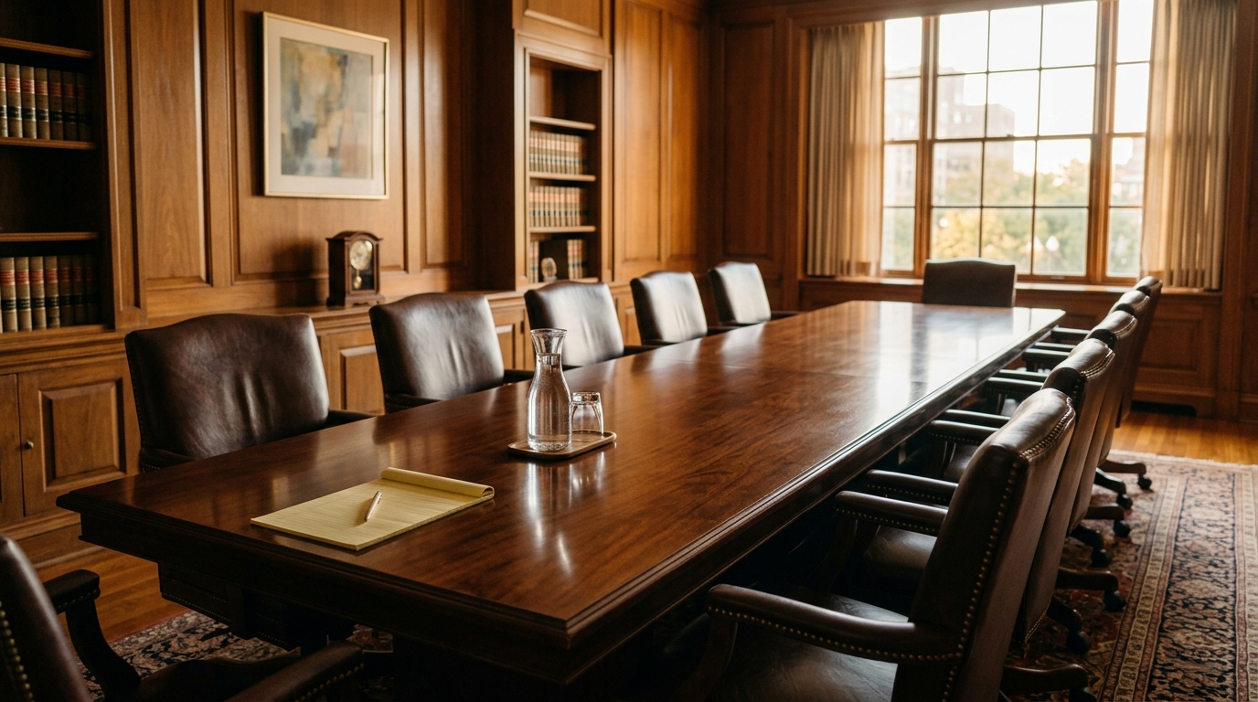 Empty arbitration conference room with a long wooden table and leather chairs lit by window light.