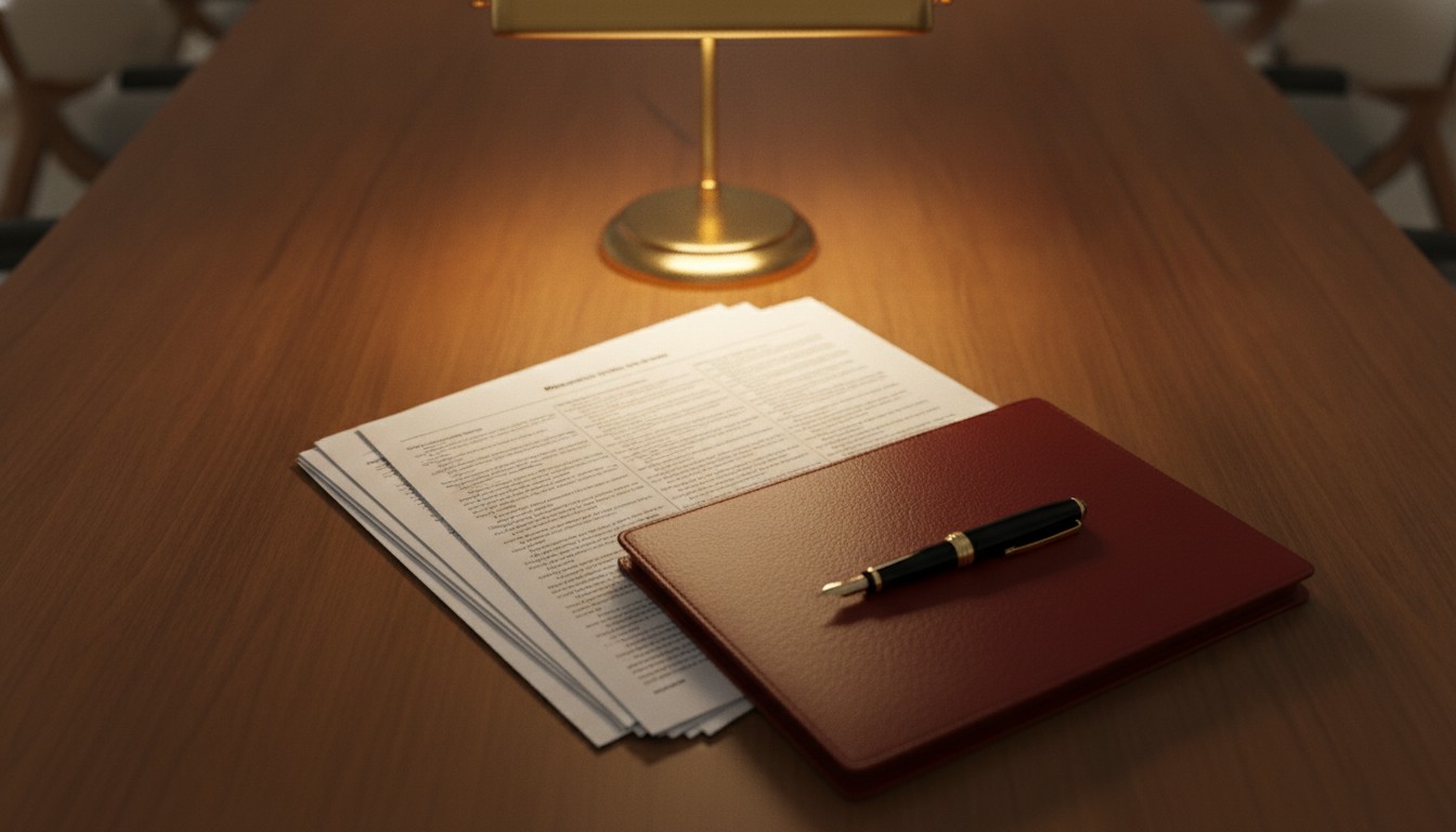 A stack of financing term sheets, a brass desk lamp and a closed leather folio on a walnut conference table.