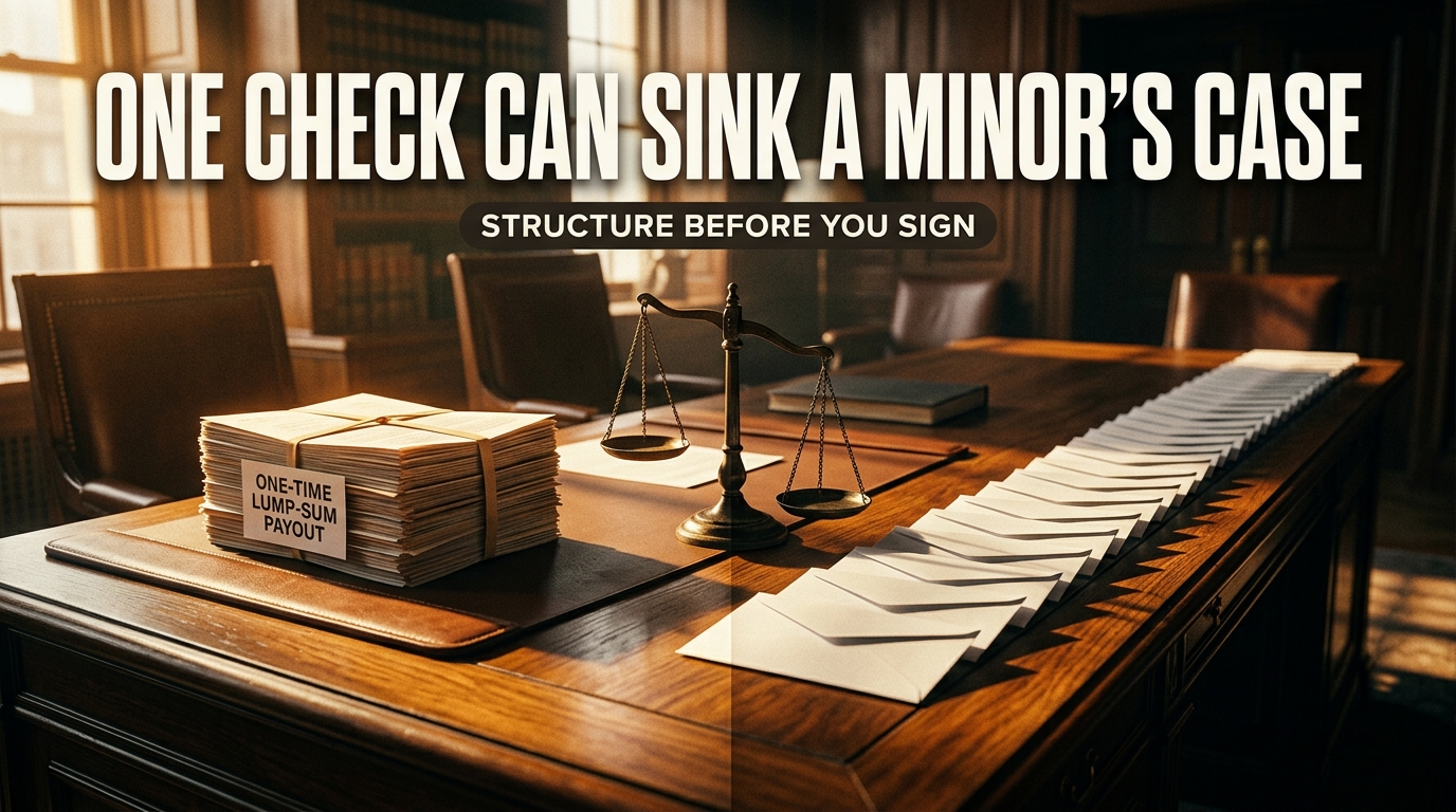 A lawyer's desk lit by window light, split between a single stacked brick of documents and a long row of smaller payment envelopes, with an off-balance brass scale between them and a bold all-caps headline reading "One Check Can Sink a Minor's Case."