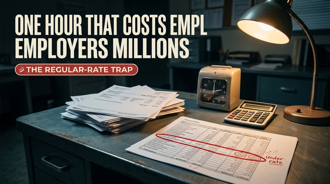 A payroll office desk with a time clock, calculator, and red-inked wage statements under hard light, with a bold all-caps headline reading "One Hour That Costs Employers Millions" and a badge reading "The Regular-Rate Trap."