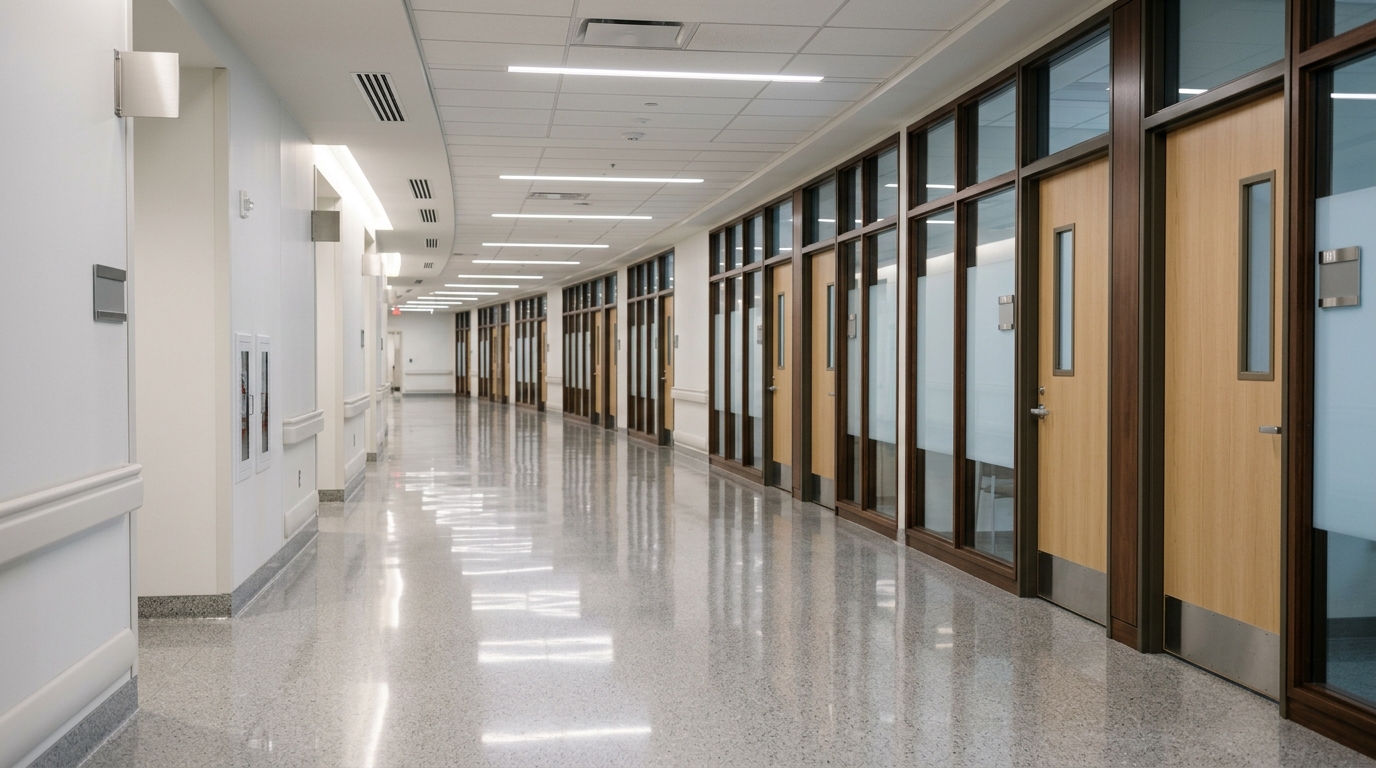 Empty modern hospital corridor with glass partitions and closed exam-room doors receding into the distance.