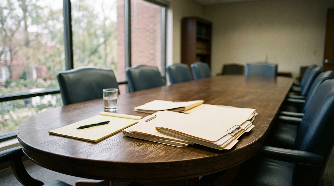 An empty mediation conference table with stacked medical file folders and a legal pad in soft daylight.