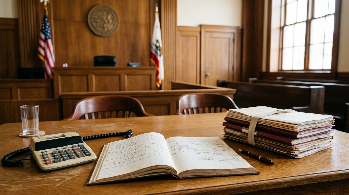An open ledger and calculator on a courtroom counsel table in soft daylight, with a stack of plain file folders.