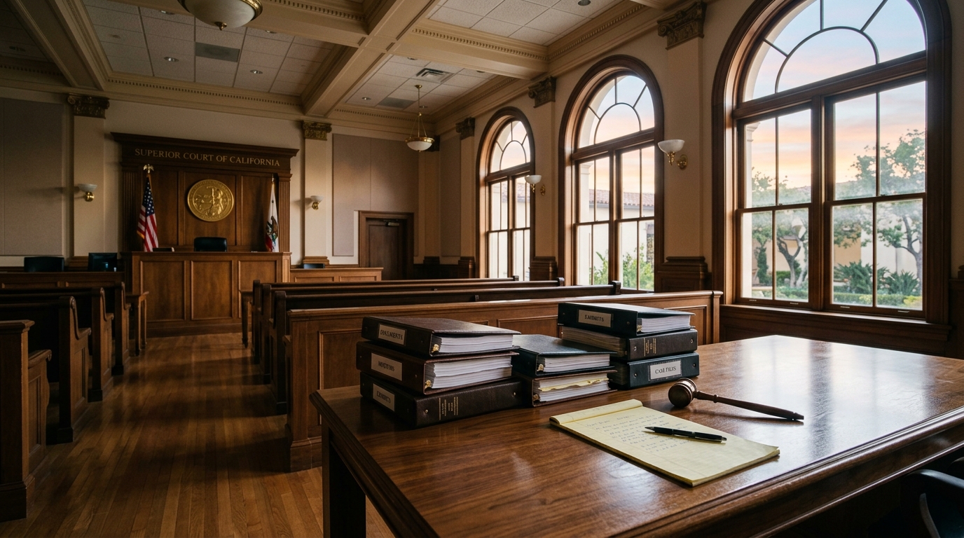 Stacked litigation binders and a yellow legal pad on a counsel table inside an empty California superior courtroom at dawn.