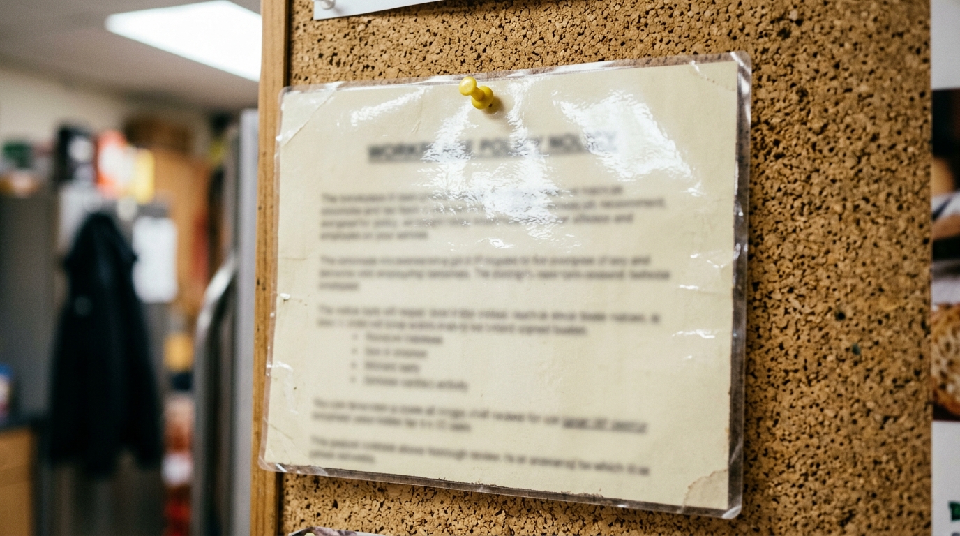 A workplace policy notice pinned to a breakroom corkboard under fluorescent lighting.