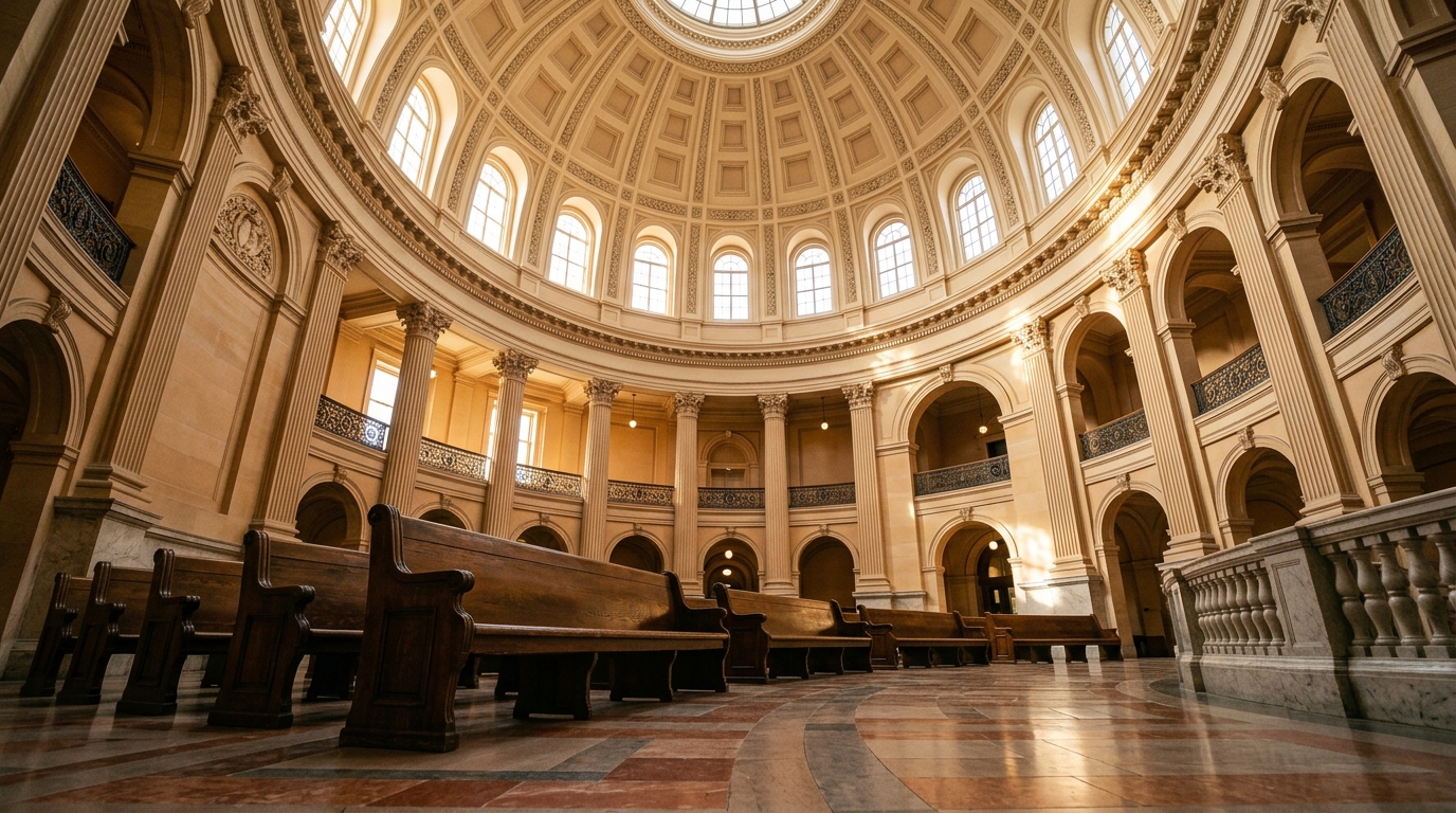 Empty wooden benches inside a sunlit California courthouse rotunda in late-afternoon light