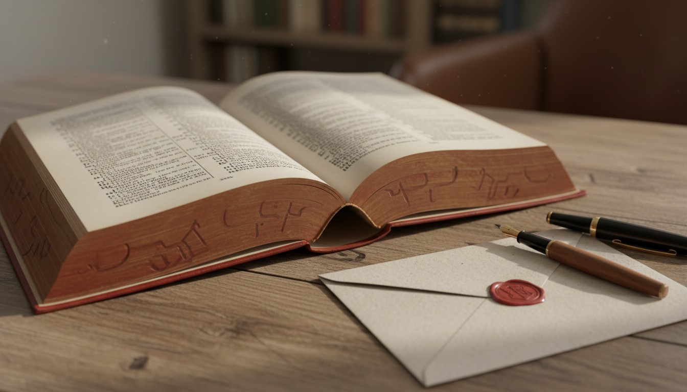 Open legal statute volume next to a sealed envelope and fountain pen