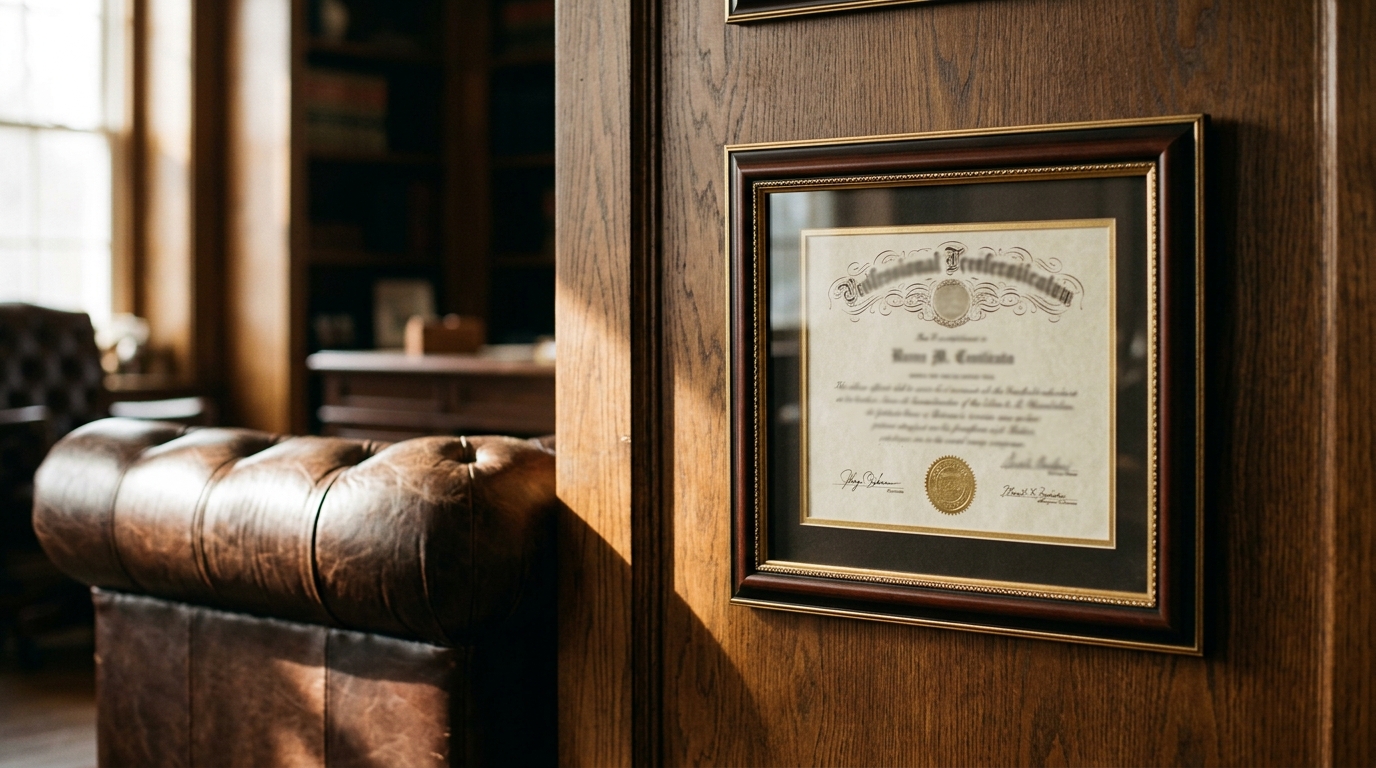 A framed certificate hanging on a law office wall in warm light, symbolizing attorney specialization credentials.