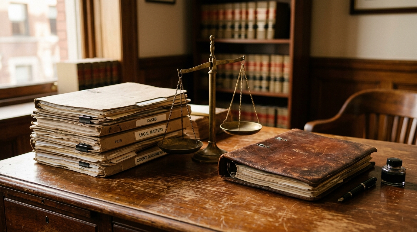 Legal file folders stacked on a wooden desk beside a small set of balance scales in a dimly lit law office.