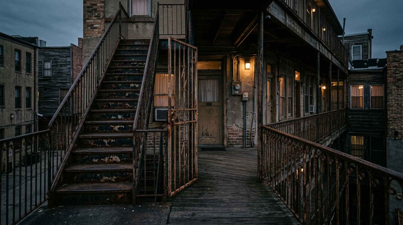 Dimly lit exterior stairwell and shared walkway of an older apartment building with a rusted railing and an open security gate at dusk.