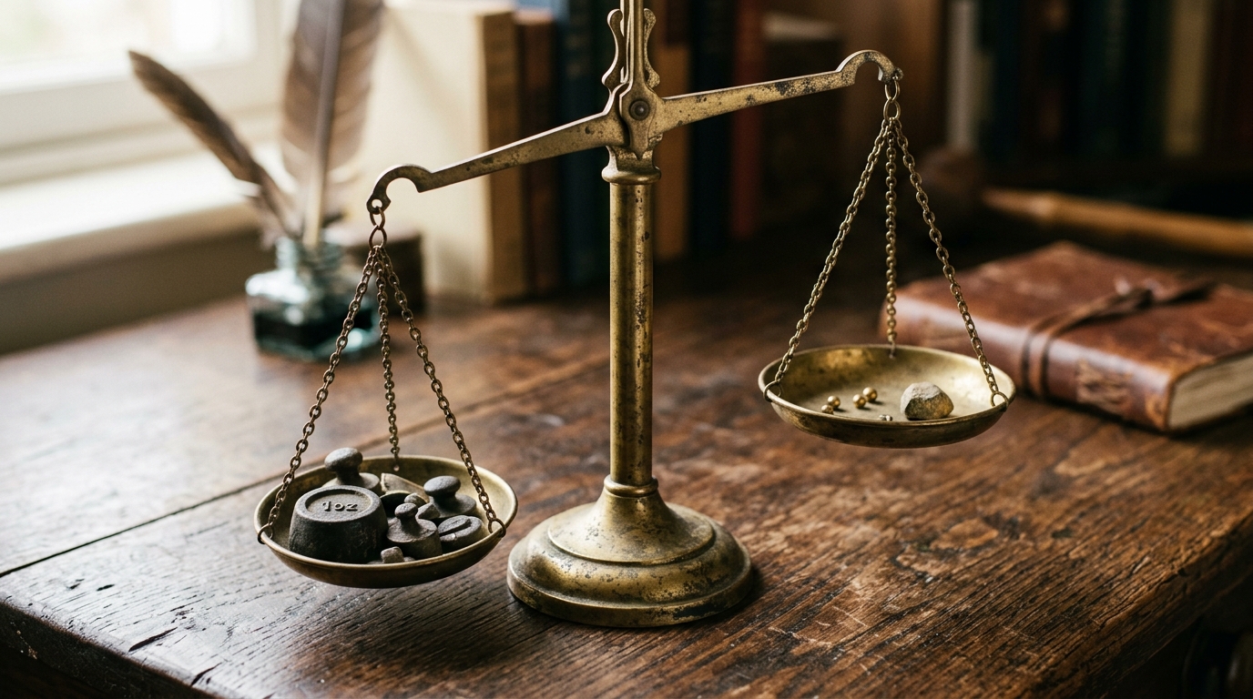 A brass balance scale with two unevenly weighted pans resting on a wooden desk in soft light.
