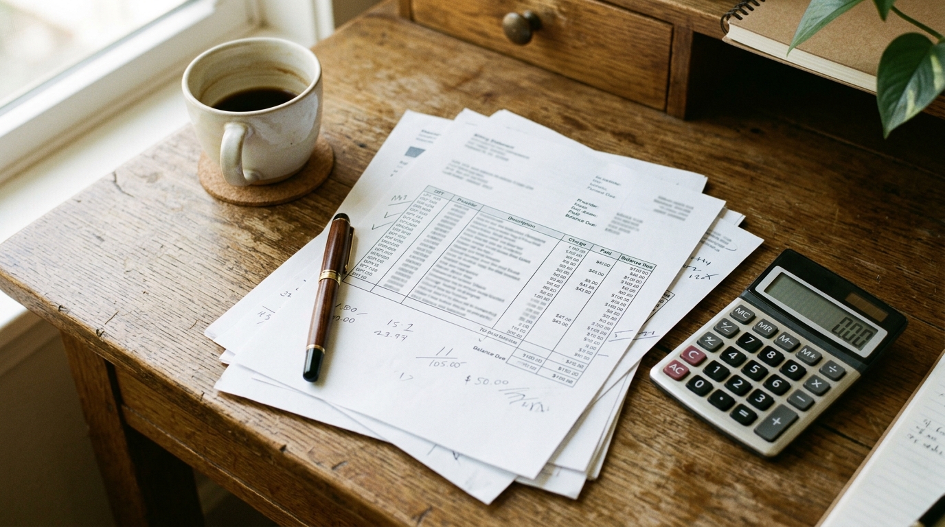 Overhead view of a wooden desk with stacked itemized medical bills, a pen, calculator, and coffee cup in natural light.