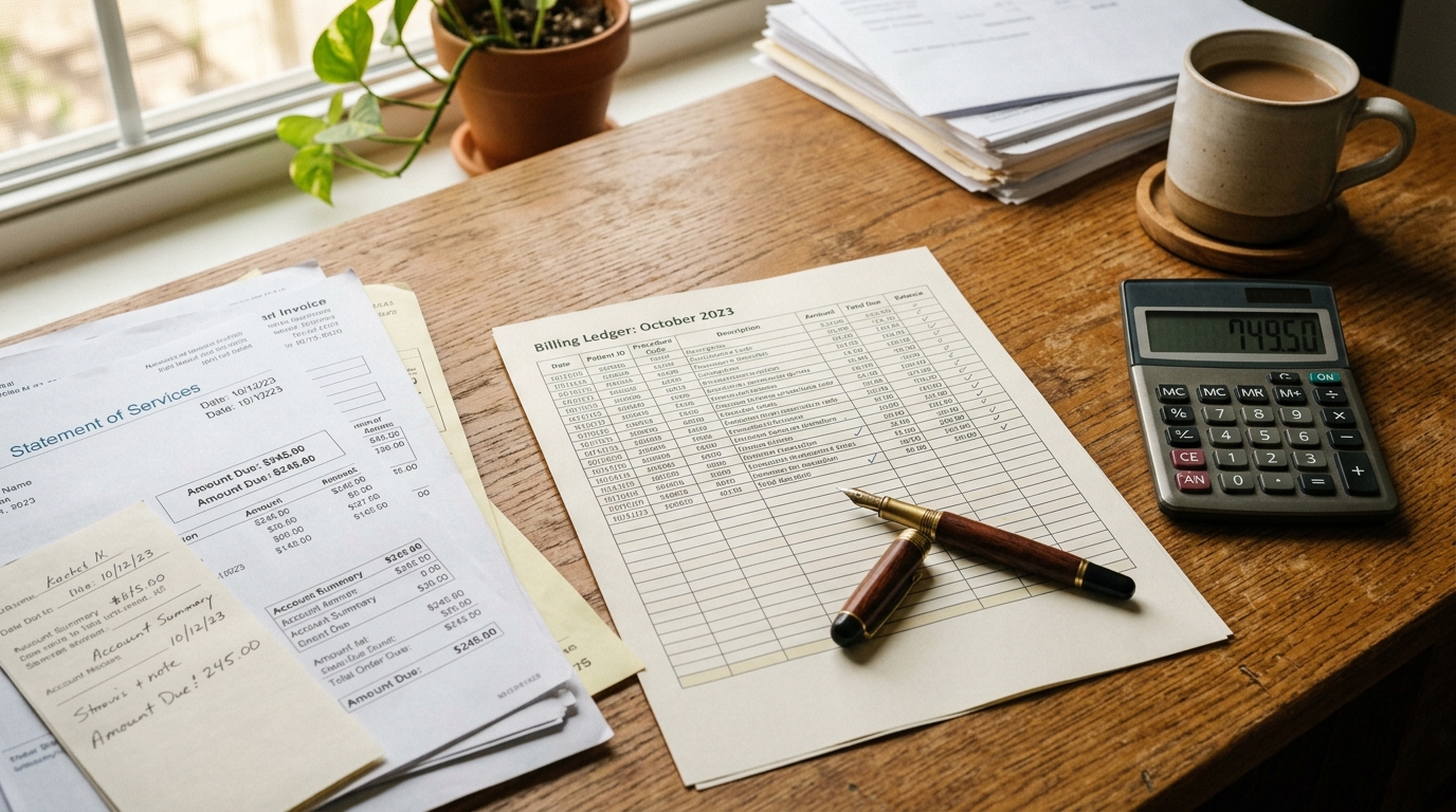 A printed damages allocation spreadsheet on a desk alongside a calculator, medical billing statements, and a pen.