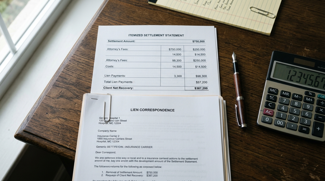 Overhead view of a printed settlement disbursement statement, calculator, fountain pen, and lien correspondence on a wooden desk.
