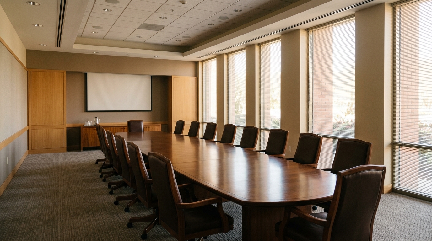 Empty courthouse conference room with a long polished wood table and leather chairs in afternoon light.