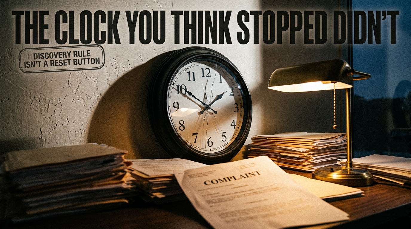 A frozen, cracked wall clock over a desk of case files and a stamped complaint, with a bold all-caps headline reading "The Clock You Think Stopped Didn't."