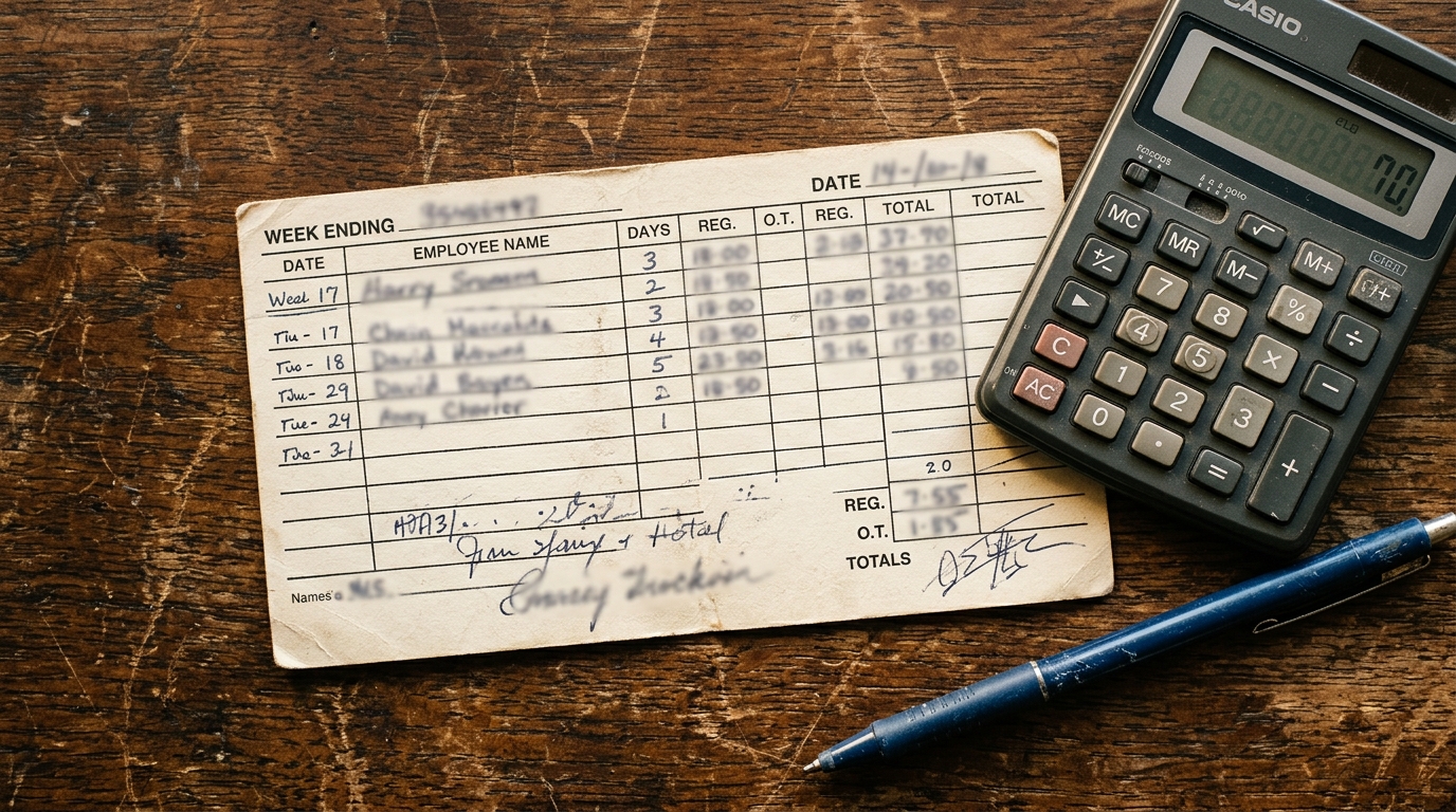 Overhead view of a blank paper time card next to a calculator and pen on a wooden desk