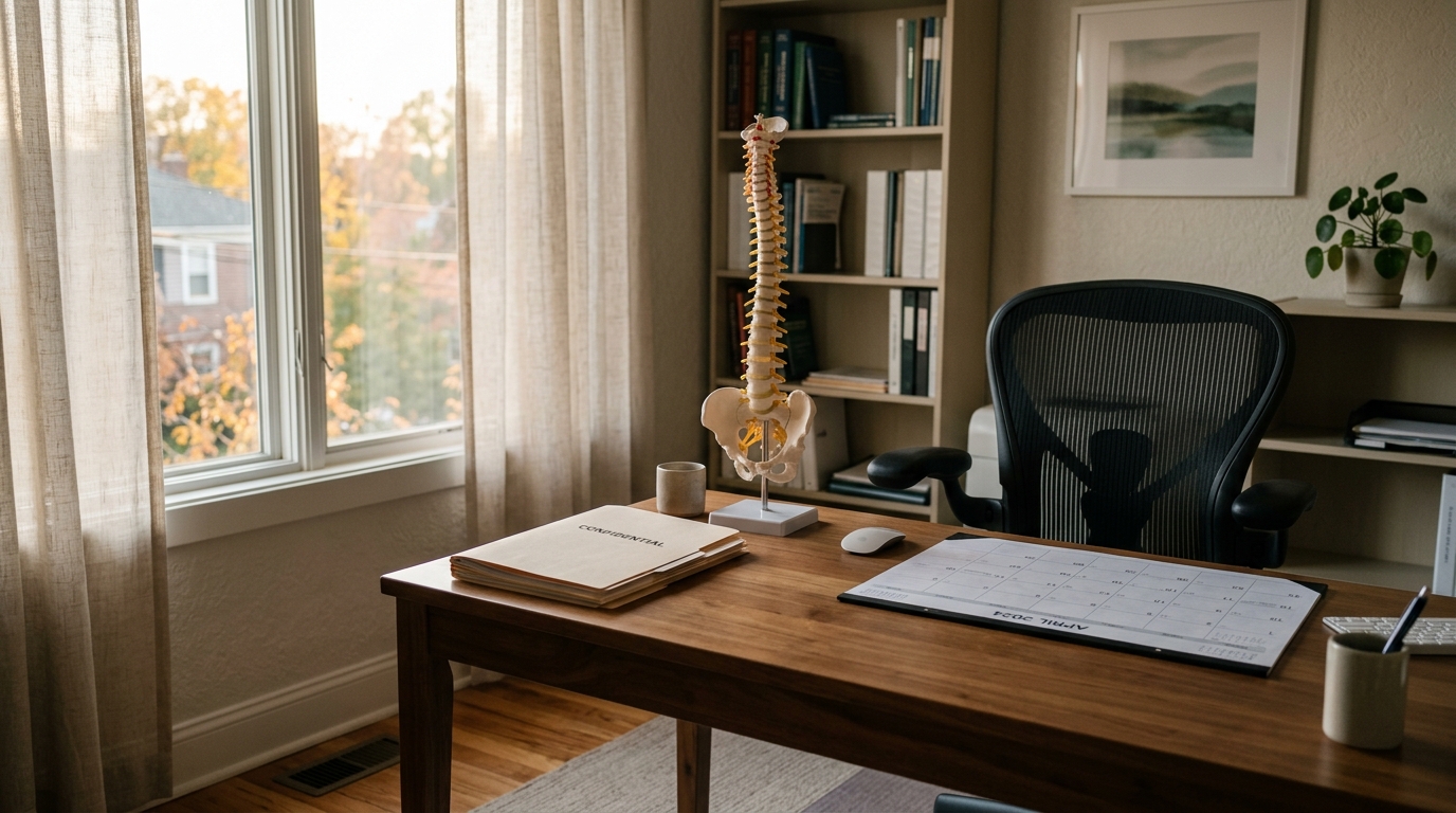 An empty consultant's office with an anatomical spine model and a calendar on the desk, suggesting a booked-out expert schedule.