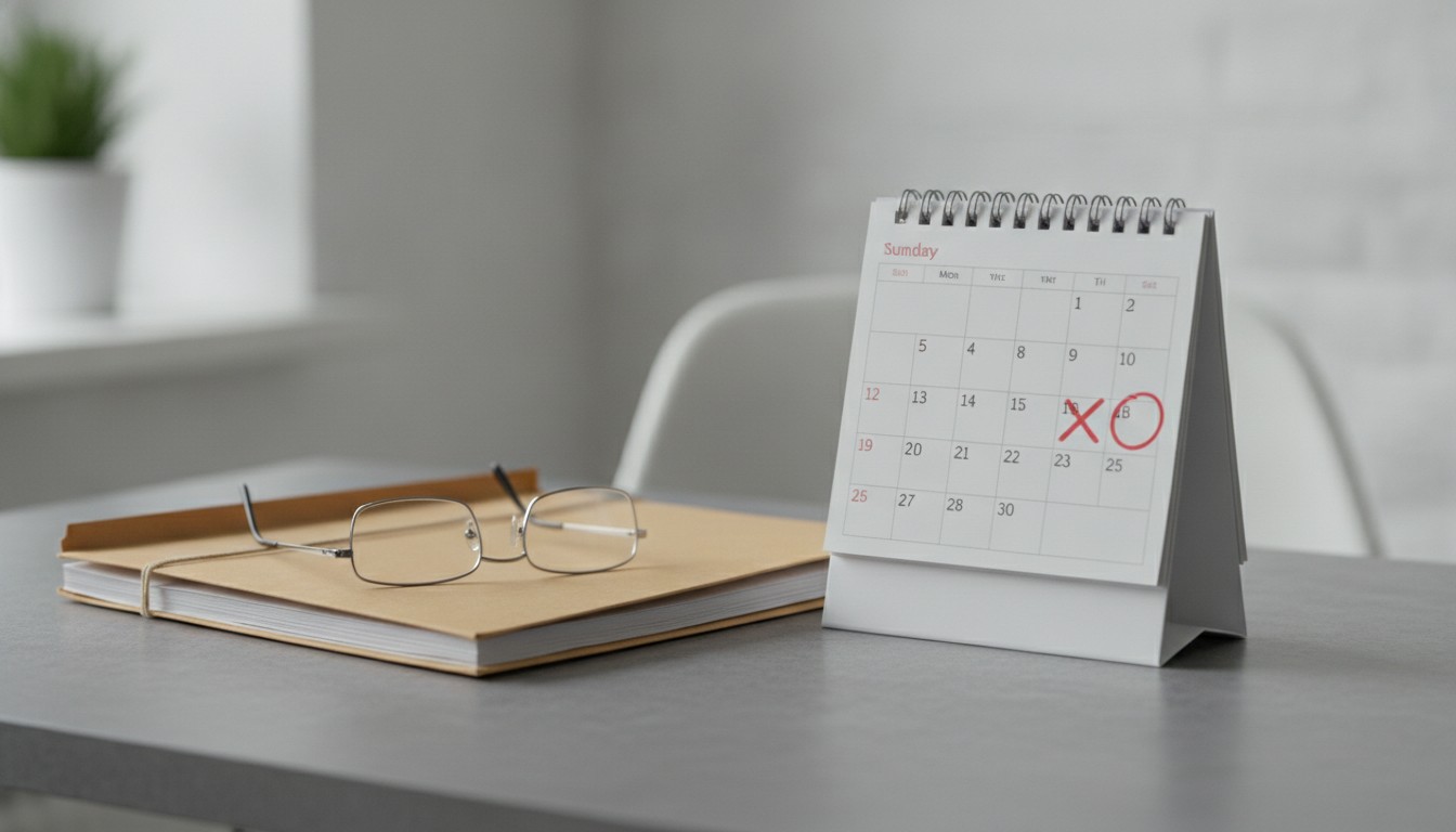 A desk calendar with dates circled in red beside a closed personnel folder and reading glasses on an office desk.
