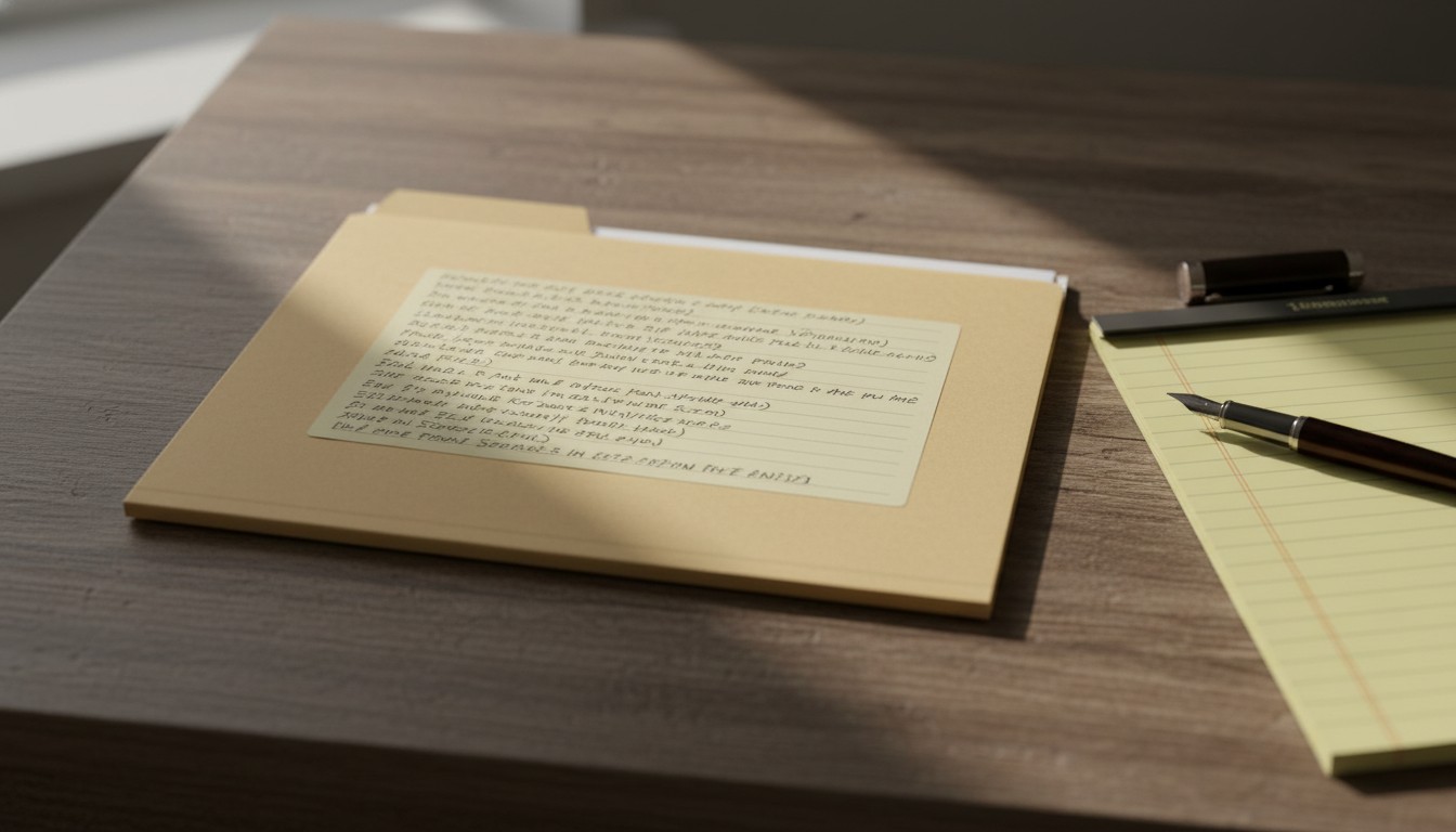 Closed legal file folder on a desk beside a legal pad and fountain pen