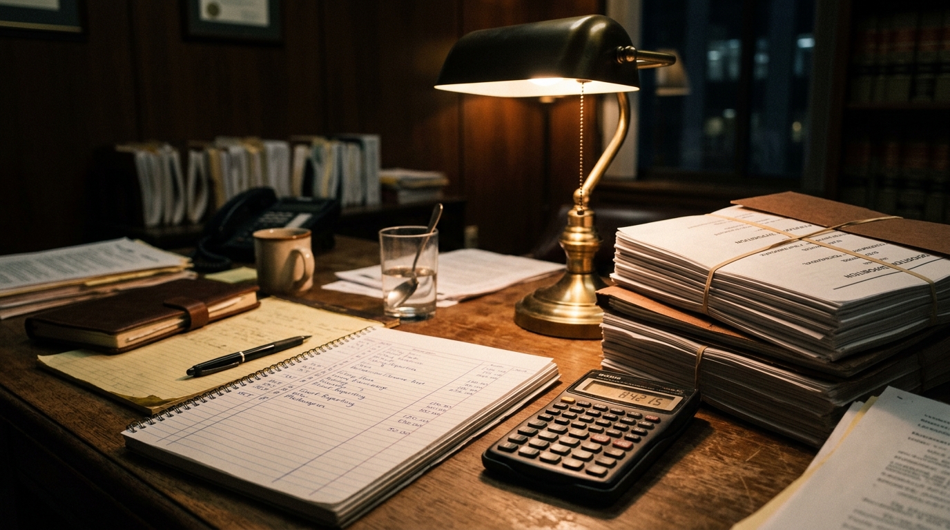 A late-night law office desk with transcripts, a calculator, and a handwritten cost ledger under a single lamp.