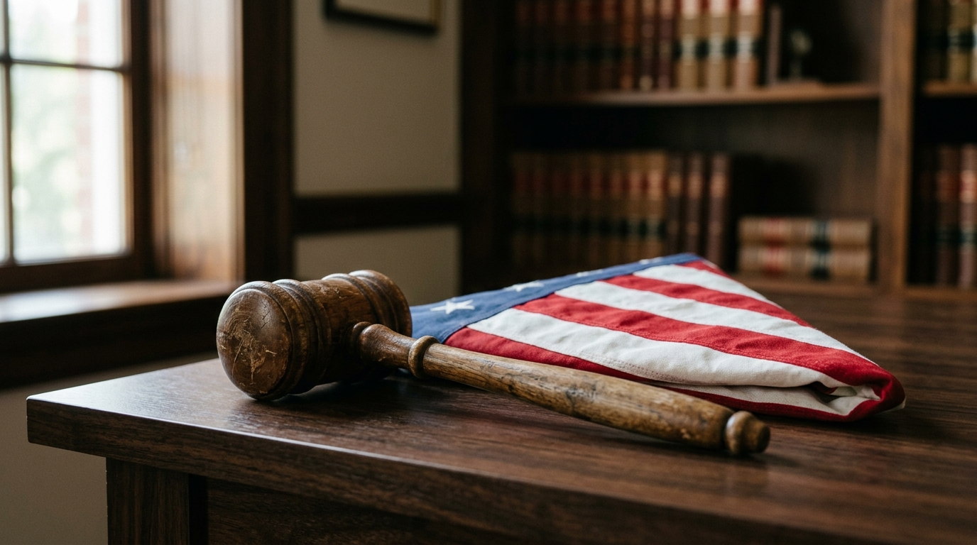 Wooden gavel beside a folded American flag on a dark wood desk in soft window light