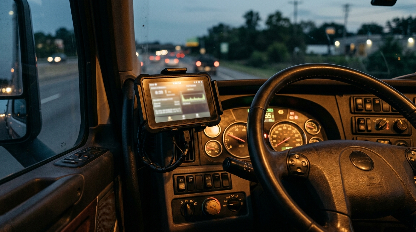 Interior of a commercial truck cab showing an electronic logging device mounted on the dashboard in low evening light.