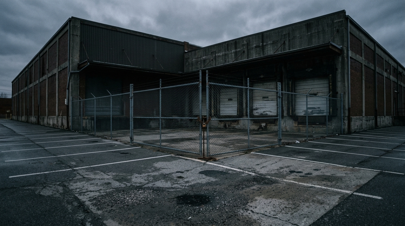 An empty industrial loading dock behind a chained gate at dusk, suggesting a closed facility after a mass layoff.
