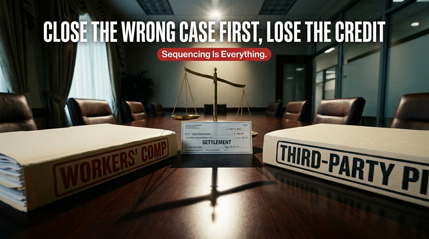 Two labeled legal case files on a conference table with a settlement check and a tilting balance scale between them, topped by a bold all-caps headline about closing the wrong case first.